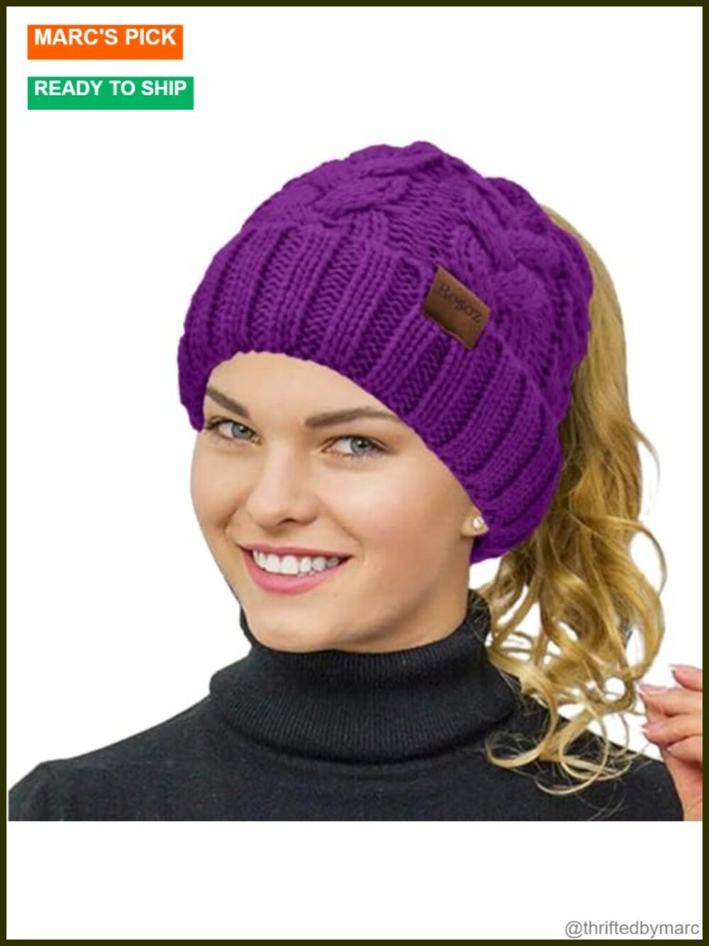Winter Warm Ponytail Beanie Cable Knit Messy Bun Hat Acrylic Stretch